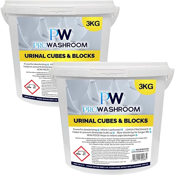 PW PROWASHROOM Urinal Channel Blocks 2 x 3KG - Lemon Fragrance - Non PDCB - Slow Dissolving - 30 Day Control