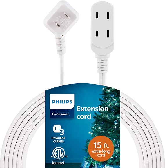 Philips Extension Cord, 15 Ft, 3-Outlet Flat Plug Extension Cord | Flat Extension Cord with Multiple Outlets, 2 Prong Extension Cord, Safety Slide Long Extension Cord, White, SPS1032WE/27