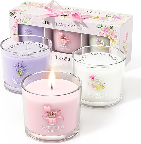 CHILLFLAME Candle Set, Scented Candle Gift Set for Her, 3 Scented Votive Candles, Birthday Gifts for Women/Men (Pink+Purple+White, 200g) [Energy Class A]
