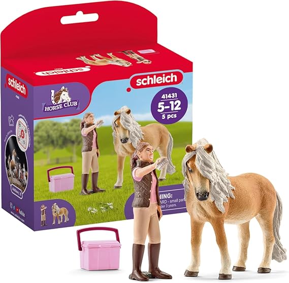 Schleich HORSE CLUB - 3PC Groomer with Icelandic Pony - Realistic Horse Figurine for Imaginative Play - Kids 5+ | 41431