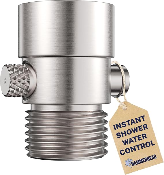 HammerHead Showers Solid Metal Shower Head Shut Off Valve - Brushed Nickel - Brass Shower Head Valve Reduces Flow To A Trickle - Universal Shower Shut Off Valve - Plumbing Code Compliant