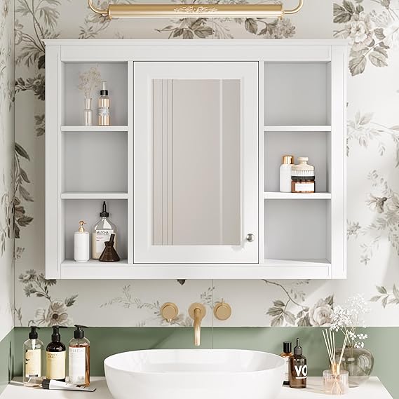 Medicine Cabinet with Mirror Wall Mounted Bathroom Storage Cabinet with 6 Open Shelves - Modern Bathroom Wall Cabinet for Vanity Organization - Mirror Cabinet for Bathroom (White)