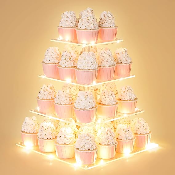 4 Tier Cupcake Stand with LED String Light, Acrylic Cupcake Display Stand | Square Cupcake Tower Holder, Cup Cake Stand for Birthday, Wedding, Baby Shower, Party