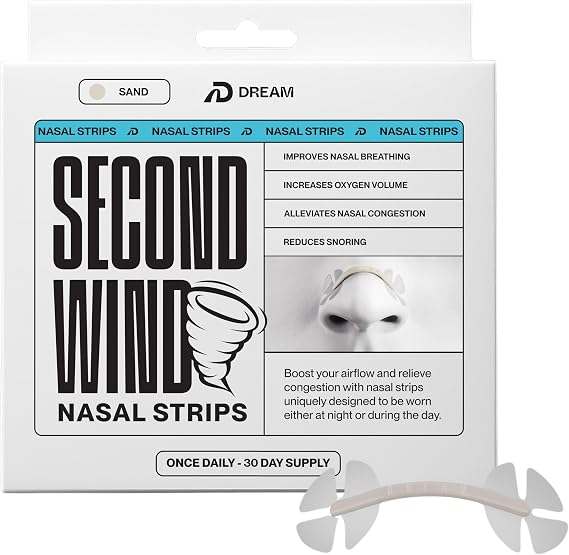 Dream Recovery Second Wind Nasal Strips, Sand, 30 Count Pack | Nose Strips for Breathing, Sleep and Athletic Performance, Snore Relief and Congestion Support