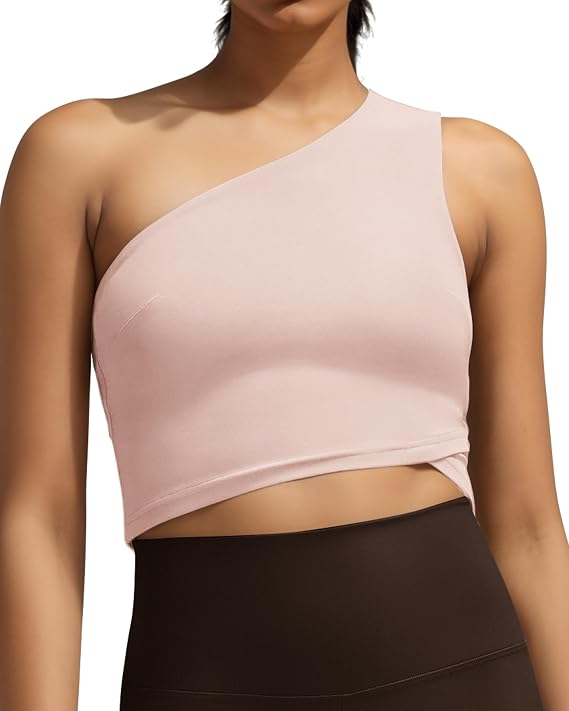 QUEENIEKE Womens One Shoulder Sports Tank Tops Built in Bra Yoga Vest Workout Cute Sleeveless Shirt Medium Support Tank
