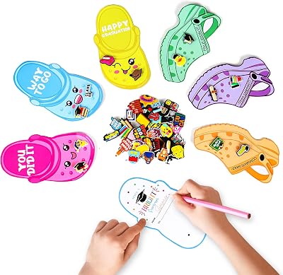 72Pcs Graduation Cards for Kids School, Included Cute 24pcs Graduation Cards with 48 Shoe Charms, Funny Exchange Card for Boys Girls Classroom Presents Party Favors 24