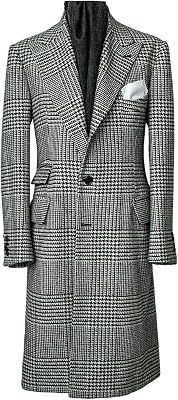 Mens Houndstooth Tweed Overcoat Peak Lapel Two Buttons Coat for Office Christmas Outwear