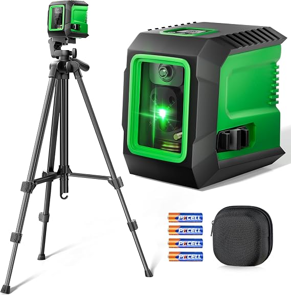 Laser Level with 50 Tripod, 360 Self Leveling Cross Line Laser Level, Green Beam Horizontal and Vertical Line leveler Tool for Hanging Pictures, Home Renovation with 4 AA Batteries & Carry Pouch