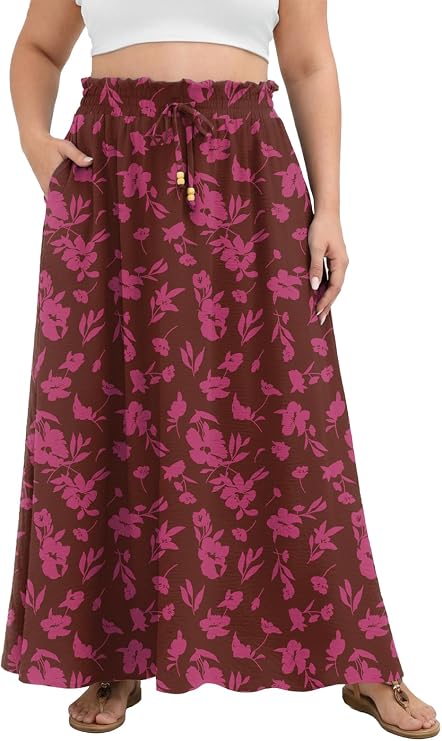Lastshe Women's Plus Size Maxi Skirts Summer Beach Swing Pleated Elastic Waisted A-line Long Skirt with Pockets 2026