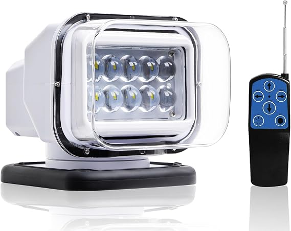 Remote LED Spot Light for Trucks, Auto-Reset 360 Rotating Waterproof Marine Spotlight for Boat, Magnetic Search Light for Truck (12V-24V LED White)