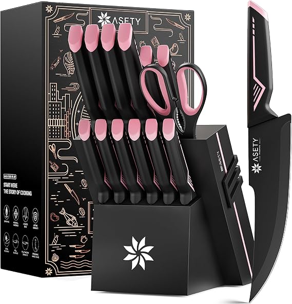ASETY 15 PCS Knife Set with Block and Sharpener, Dishwasher Safe, Pink | Razor Sharp Kitchen Knives, Stainless Steel Knife Block Set, Ergonomic Non-Slip Handle, Elegant Box for Her Girls Women Wife