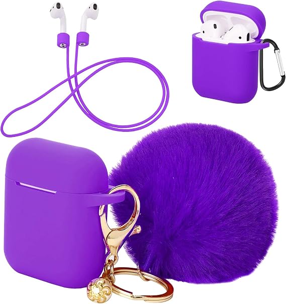 Protective Case Cover with Cute Pompom Ball Keychain Compatible for AirPods Charging Case - Anti-dust Silicone Shell and Anti-Lost Strap with Locking Carabiner Earphone Accessories (Purple)