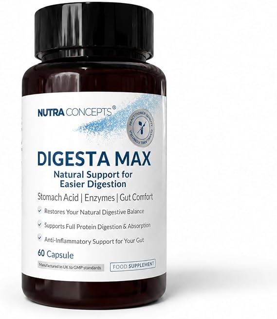 Digesta Max - Natural Support for Easier Digestion - Betaine HCL 405mg - Boswellia Serrata 65% - Pepsin & Trypsin - 60 Vegan Capsules - Zero Fillers - Hypoallergenic - Made in UK