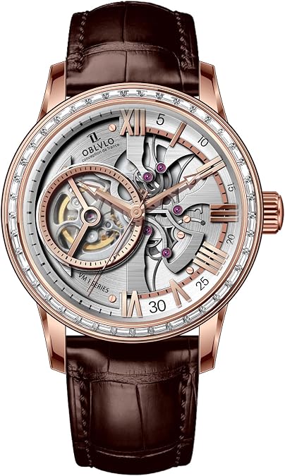 OBLVLO Skeleton Automatic Wristwatch with Leather Strap, Blue Dial, Diamonds Bezel