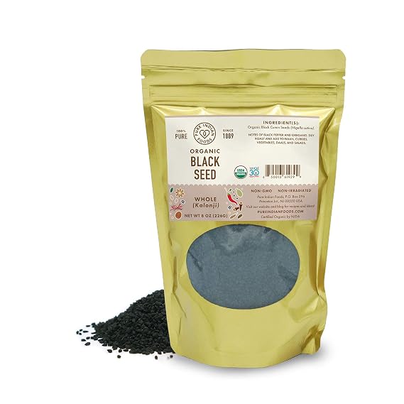 Pure Indian Foods Organic Black Seed (Nigella sativa/Black Cumin Seeds/Kalonji) 8oz - Whole seed, Non-Irradiated, Non-GMO & Naturally Gluten-Free, No Preservatives