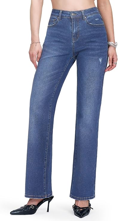 Straight Leg Jeans for Women, High Waisted Stretchy Jeans Trendy Wide Leg Boyfriend Mom Cute Ladies Denim Pants