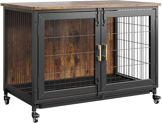 Dog Cage Furniture Dog Box for Home Large / Medium Dogs Side Table Indoor Dog Kennel Heavy Duty Dog House for Home Removable Tray 2 Doors Dog Crate Furniture 95 x 55.9 x 65 cm