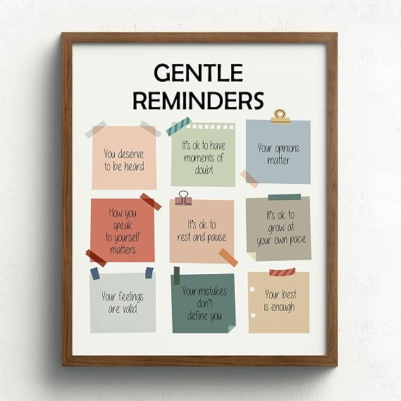 SWITHOM Gentle Reminders Wall Art - Mental Health Awareness Poster, Growth Mindset Classroom Decor, 8x10 Inch Unframed Positive Affirmations Print for School Counselor Therapy Office Calming Corner