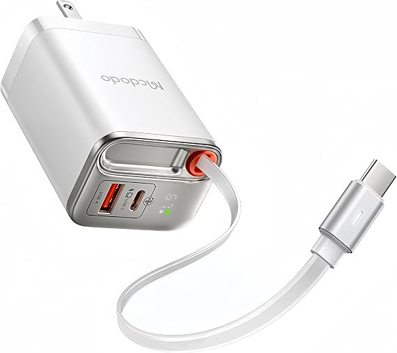 Mcdodo 67W USB C Charger Block with Retractable Type-C Cable, Dual Port (USB A+C) Foldable Wall Charger GaN Fast Charging Bolck Fit iPhone 16 15 Pro/ProMax/Plus, Galaxy, iPad, MacBook (White)