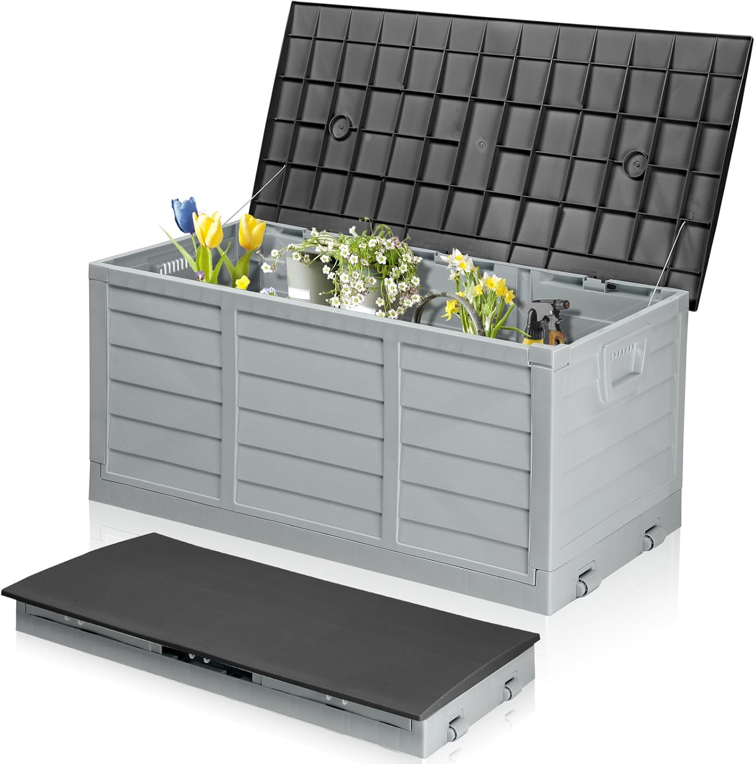 Foldable Garden Storage Box, 280L Outdoor Plastic Utility Chest Organiser with Strapped Lid, Weather Resistant, Portable, Ideal for Garden, Patio, Balcony, Decking, Grey&Black