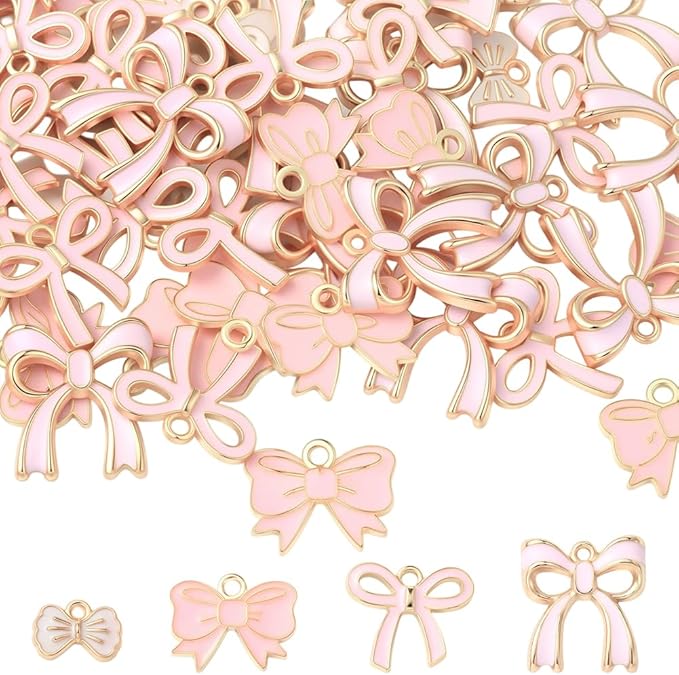 SUNNYCLUE 1 Box 4 Style 40-80Pcs Romantic Charm Enamel Flat Bowknot Charms Pink Bow Pendants Bulk for Women Jewelry Making Earrings Necklace Bracelets