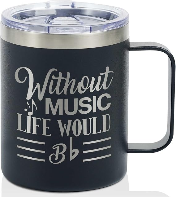 Onebttl Music Lover Gifts For Men, Male, Him - Without Music Life Would B Flat - 12 oz /350 ml Insulated Mugs with Lid - Musician Gifts, Musical Lovers Gift - (Black)