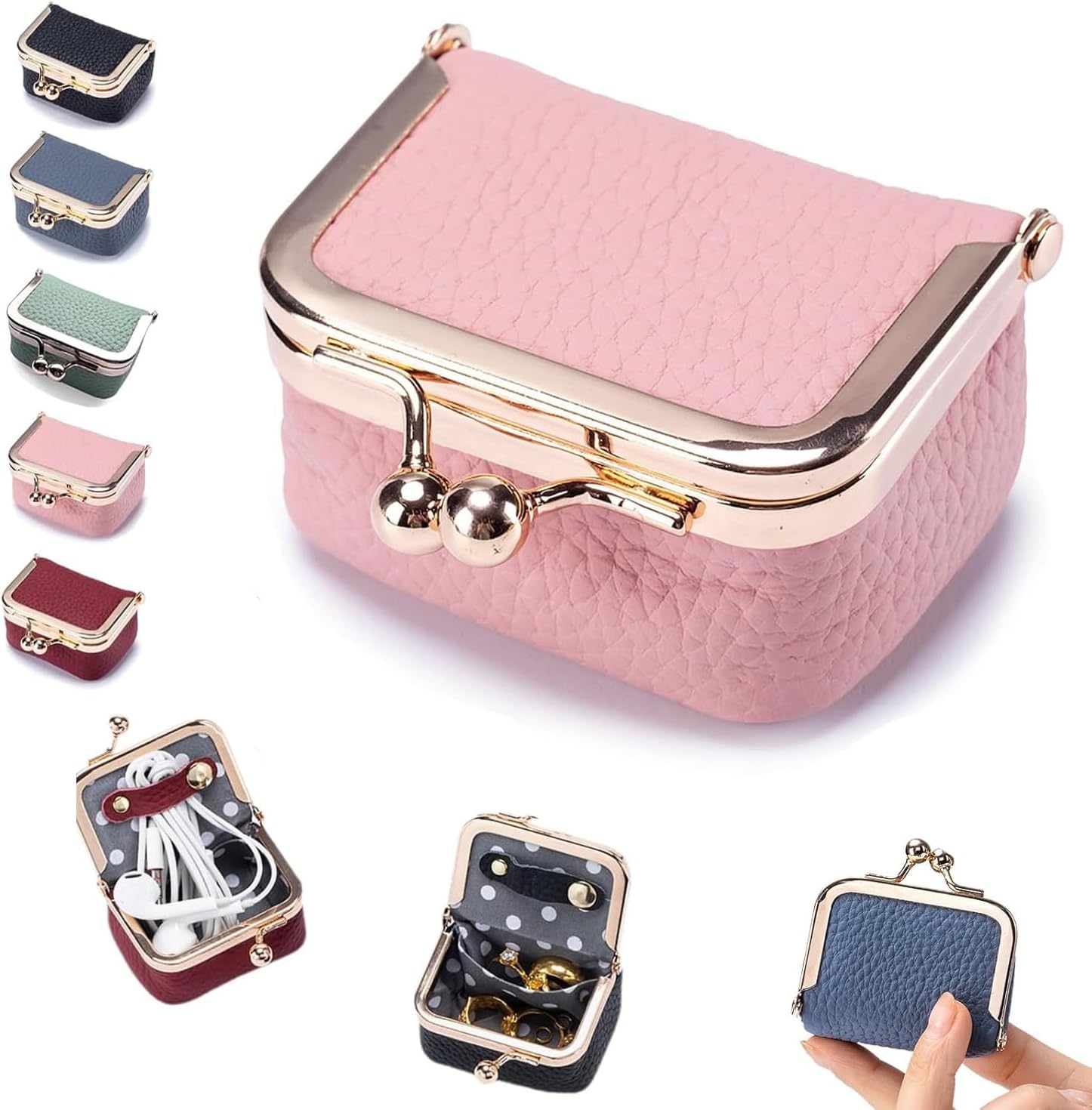 noxozoqm Genuine Leather Mini Jewelry Box,Mini Jewelry Organizer for Women,Portable Vintage-inspired Genuine Leather Coin Purse Jewelry Case with Kiss Lock,Mini Travel Jewelry Case Organizer Pink