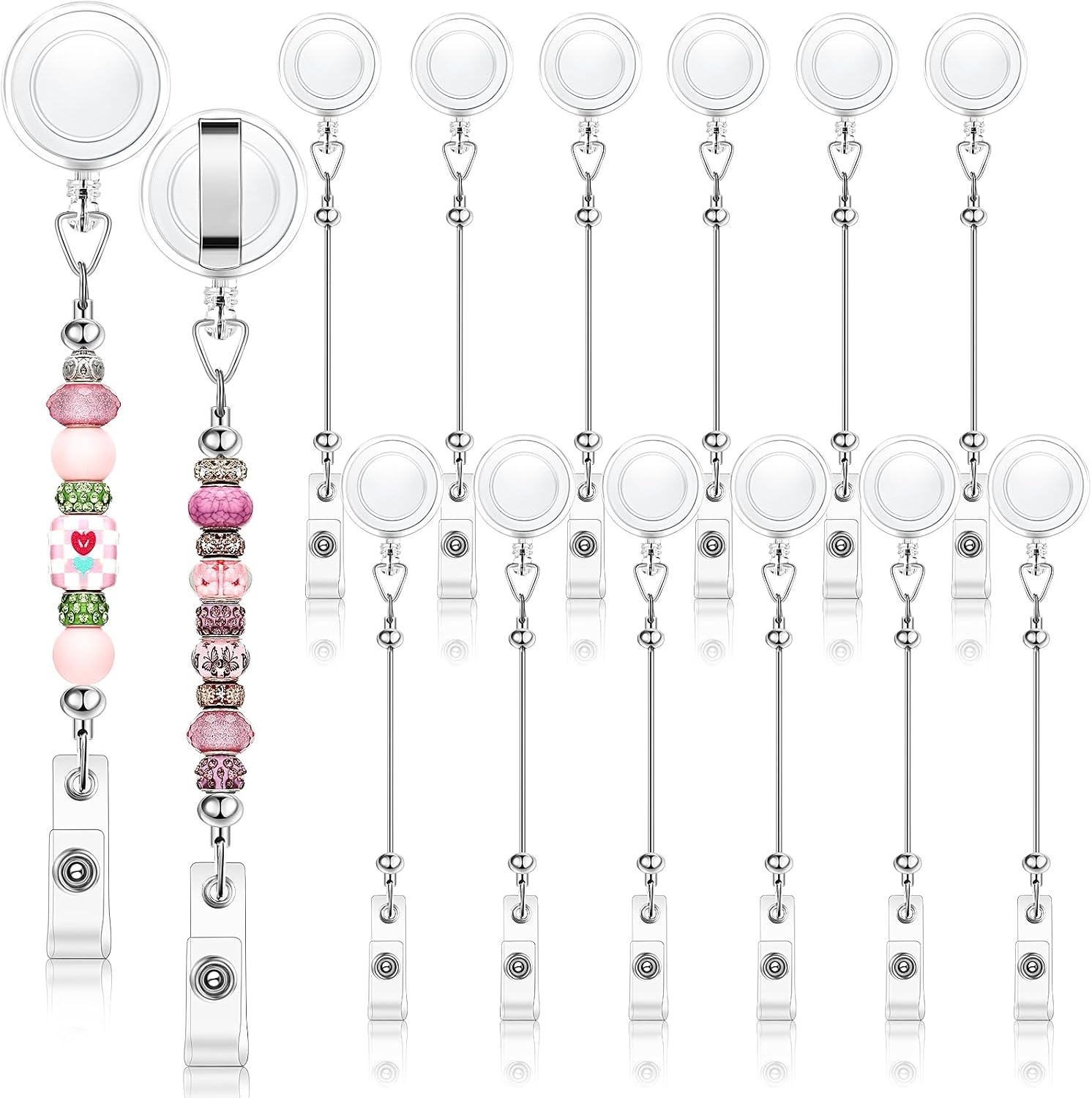 12 Pcs Beadable DIY Badge Reel Kit Retractable ID Name Badge Reel Clips Holder for Beads Blank Bar with Belt Clip Jewelry DIY Gift for Nurse and Teacher Office Supplies