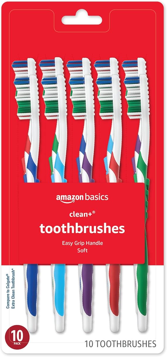 Amazon Basics Clean Plus Soft Bristle Toothbrushes with Angled End-Tuft, Cheek and Tongue Cleaner, Full Size, 10 Count, 1 Pack (Previously Solimo)