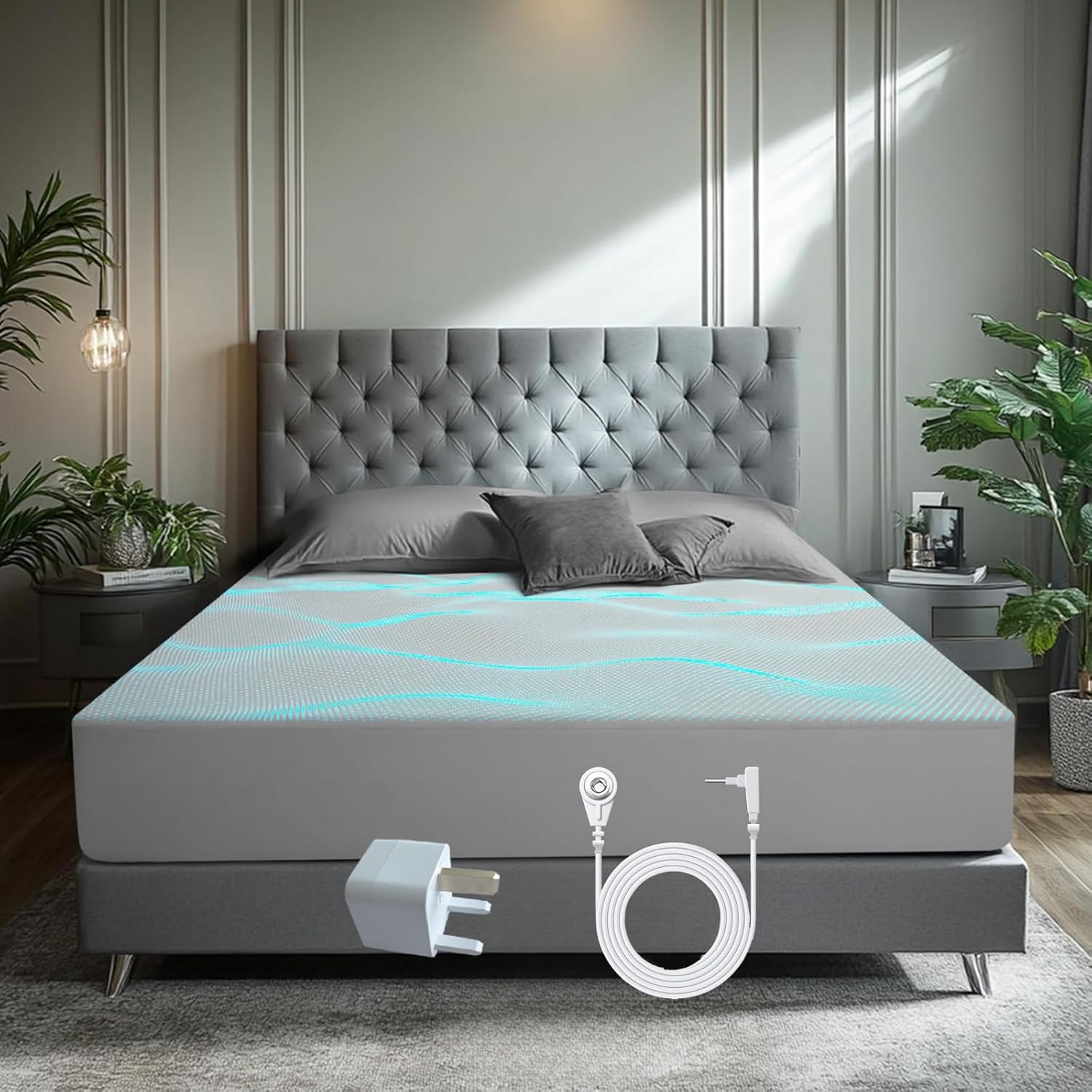 Grounding Fitted Sheet, King Size with Deep Pocket, 400 Thread Count Soft Organic Cotton with Silver Fiber, Grounding Sheet Include UK Plug for Better Sleep & Health(King,76x80x15inch)