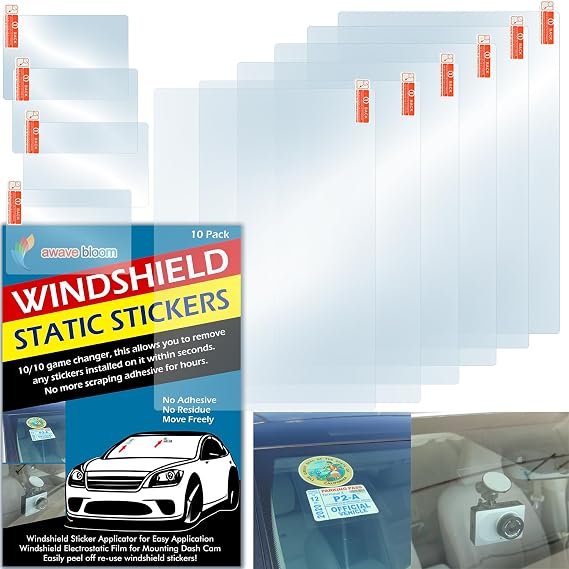 Windshield Sticker Applicator Electrostatic Film for Easy Application, Removal and Re-Application from Car to Car-6 Pack 5"x7",4 Pack2.4" x 3.1" Sheets
