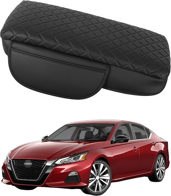 Armrest Cover for Nissan Altima Center Console Pad with Organizer Storage Pockets, Black Faux Leather Arm Rest Lid Protector Cushion Interior Accessories (2019-2025)