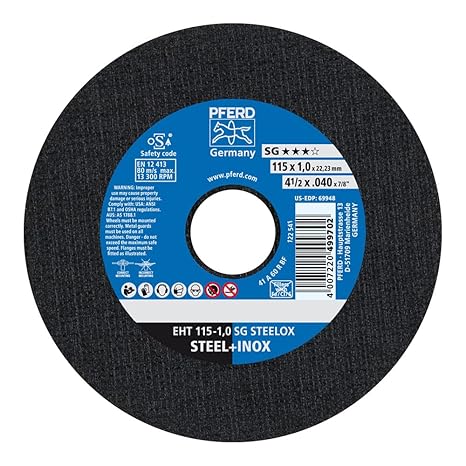 PFERD SG STEELOX Type 1 Cut-Off Wheel, 4-1/2" x 0.040" x 7/8", Aluminum Oxide, 13,300 RPM High-Performance Metal Cutting Disc for Steel & Stainless Steel (Pack of 25) Part 69948