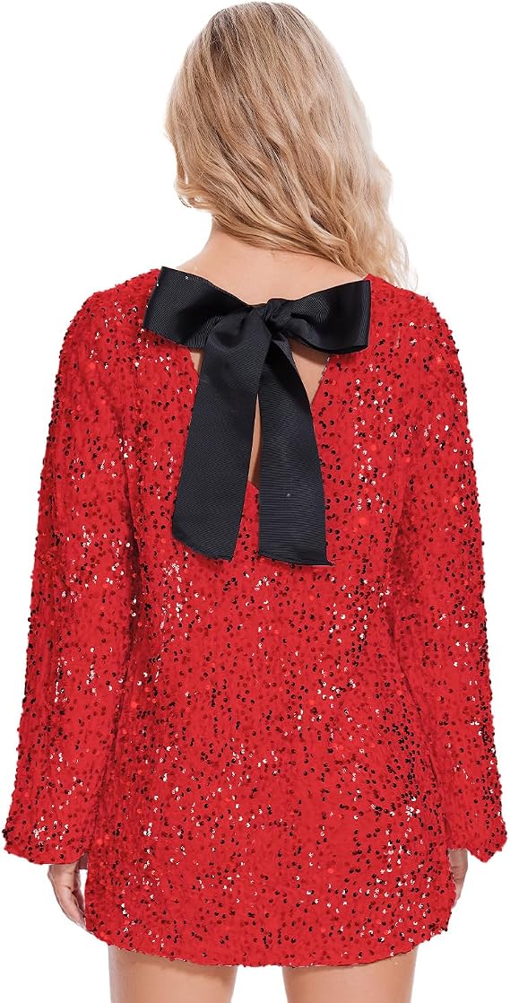 Ypser Women Sequin Dress with Ribbon Bow Tie Long Sleeve Sparkly Mini Dress for Night Out Party