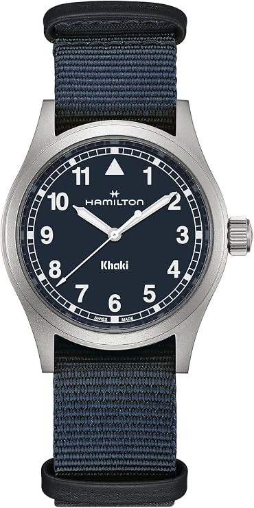 Hamilton Khaki Field Khaki Quartz Men's Watch, 38mm Stainless Steel Case, Swiss Made, Blue Dial Analog Wrist Watch for Men, 50m Waterproof, Sapphire Crystal, Textile Strap