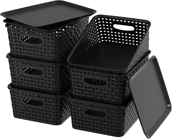 Plastic Weave Baskets with Lid, Set of 6 Small Pantry Storage Basket, Black