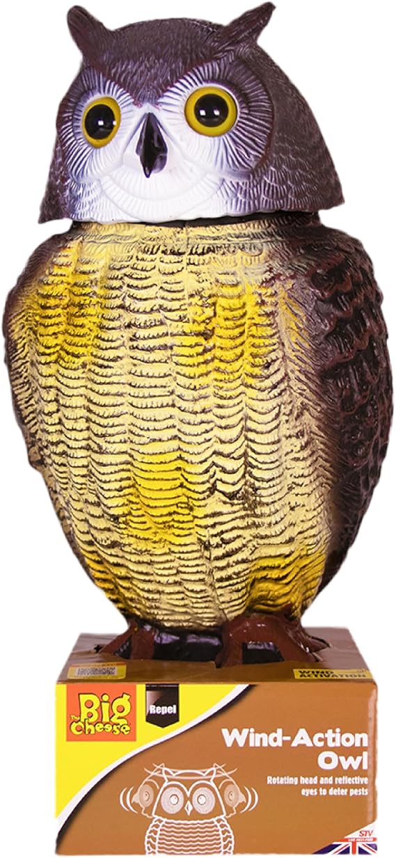 The Big Cheese Wind-Action Owl Realistic, Humane Decoy Deterrent, Scares Birds from Gardens, Boats, and Vulnerable Buildings with Rotatable Head and Reflective, Life-Like Eyes