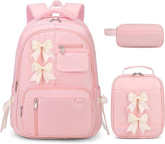 Bevalsa Backpack for Girls, Bow Backpack for Kids with Lunch Bag & Pen Case