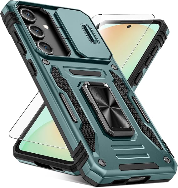 Caka for Samsung Galaxy S24 FE Case [HD Screen Protector] [Full Camera Lens Cover] [360Rotated Kickstand Ring] [Heavy Duty Protection] Hard Rugged Protective Phone Cover for S24 FE - Alpine Green