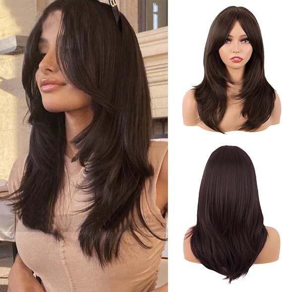 20Inch Long Straight Brown Layered Synthetic Hair Wigs, Long Layered With Bangs Straight Synthetic fiber Shoulder Length Hair for Daily Use Party Wig, Ladies Fancy Dress Wig Synthetic Hair-Wigs