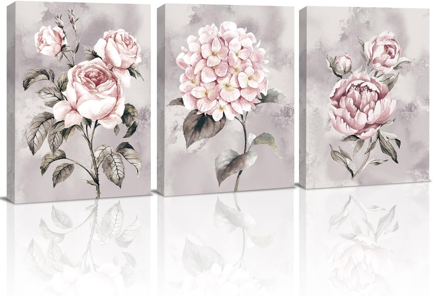 KAIRNE 3er Grey Pink Wall Art,Rose Flowers Canvas Prints,Ready to Hang Pink Artwork Floral Painting11.8”X15.6,Framed,Modern Romantic Poster for Women Girl Bedroom Bathroom Living Room Decor