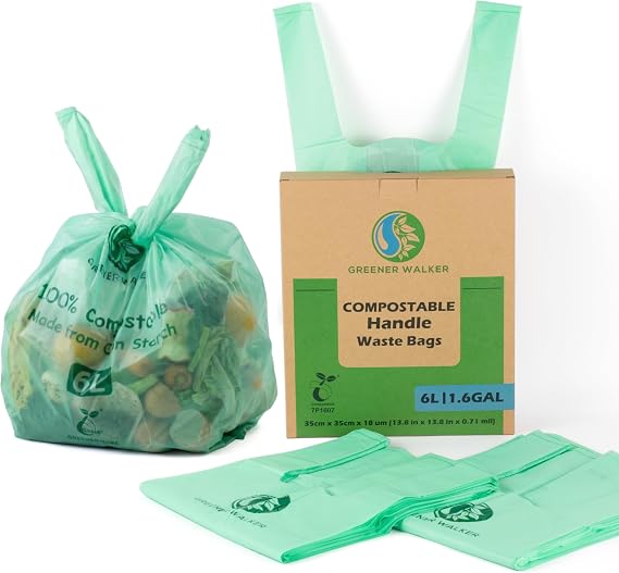 GREENER WALKER Compostable Tie Handles Caddy Liners 6L 150 Count, Biodegradable Bin Liners Kitchen Food Waste Bags with EN13432 & OK Compost HOME Certified