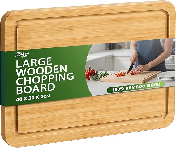 ZENO Large Wooden Chopping Board 40 x 30 x 2CM | Bamboo Cutting Board for Kitchens | Wood Chopping Board with Deep Juice Groove for Meat Veg and Bread | Multi Purpose Wooden Chopping Boards for Home