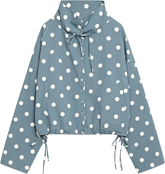 Lianlive Women's Polka Dot Cropped Jacket Casual Stand Collar Outerwear Lightweight Drawstring Hem Coat Windbreaker for Fall