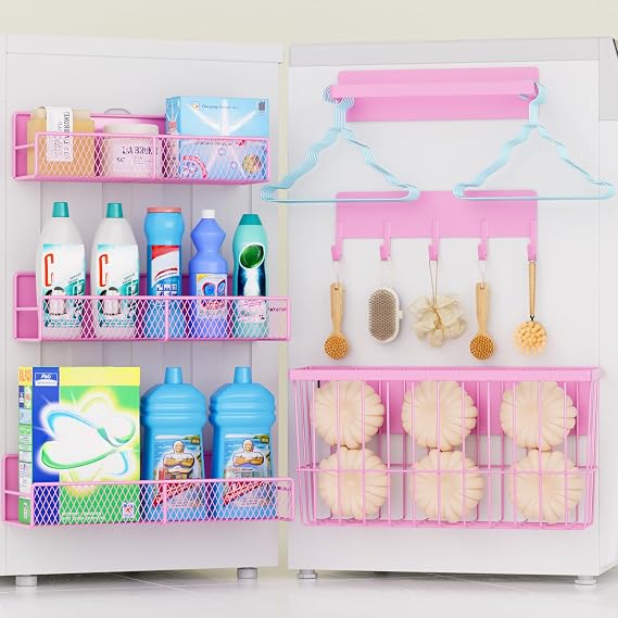DTUQYX 6 Pack Magnetic Shelves for Washing Machine, Magnetic Spice Rack Organizer for Refrigerator, Magnetic Shelf with Hanger Organizer, Metal Magnetic Basket, Laundry Organization and Storage, Pink