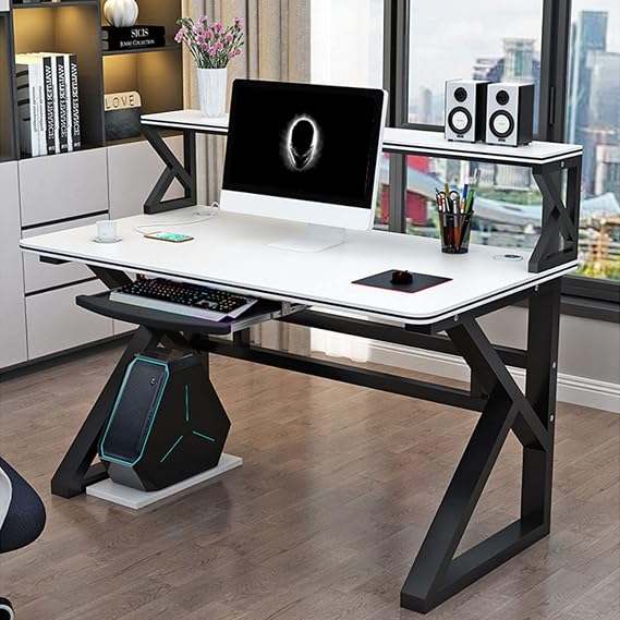 Computer Desk Home Office Desks with Bookshelf Modern Simple Study Writing Desk/Workstation with Sturdy Metal Frame(39 Inch, White & Black Frame)