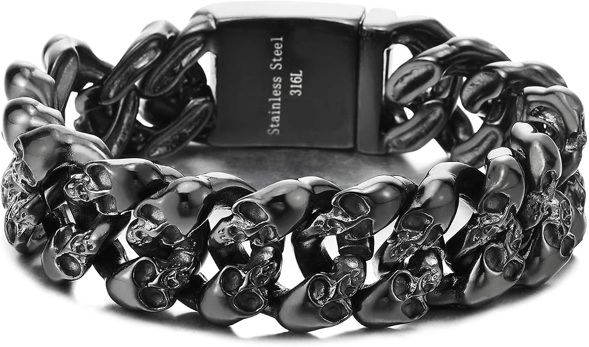 COOLSTEELANDBEYOND Mens Steel Vintage Twisted Braided Link Chain Bracelet with Skulls, Spring Clasp, Gothic Biker