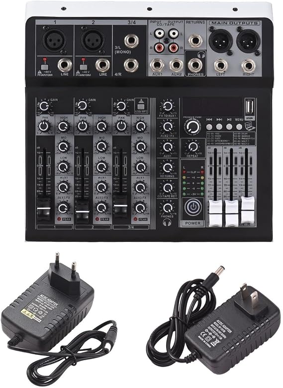 Audio Mixer 4-Channel Mixing Console 48V Phantom Power for Home Studio Recording DJ Network Live Broadcast Multi-Functional Professional Mixing Console with 16 Reverberation Effect BT Module
