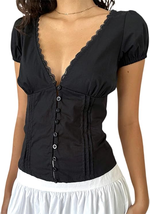 Women Y2K Button Down Shirt Coquette Short Sleeve V Neck Blouses Top Vintage Preppy Crop Shirt Tops