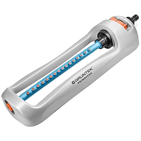 GRÜNTEK Oscillation sprinkler PRIMAVERA up to 336 m² / 3617 ft² Irrigation area, blasting width up to 21 m x 15 m, osillating sprinkler for lawn, plants, garden. | Garden watering · 21 x 15 m spray at 4 bar · For medium-sized rectangular lawns · 16 nozzles · Quick coupling